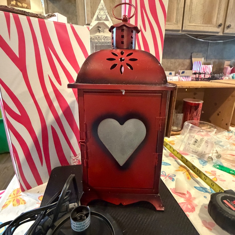 Pink Zebra Rustic Red Metal Electric Lantern Heart Cutout Frosted Glass